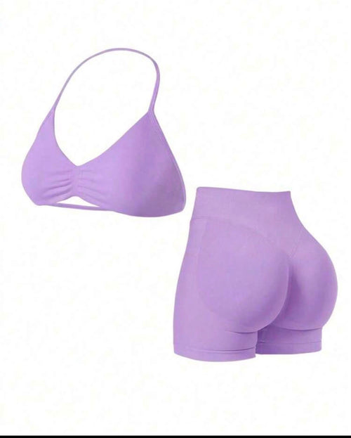Conjunto de 2 piezas de top rosa y shorts de cintura alta para mujer, adecuado para fitness, yoga, pilates, gimnasio, deportes de correr