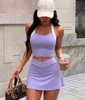 Dewbera Dewbera Conjunto deportivo casual diario para mujer con top halter de bloques de color y falda pantalón con bolsillos, para tenis y entrenamiento, morado, verano